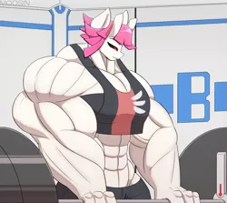 Size: 3139x2800 | Tagged: abs, anthro, artist:mopyr, barbell, black sclera, derpibooru import, female, horn, lifting, muscles, oc, oc:fort, original species, overdeveloped muscles, safe, solo, unofficial characters only, workout outfit