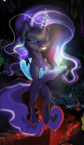 Size: 1267x2173 | Tagged: safe, artist:vladimir-olegovych, derpibooru import, idw, nightmare rarity, rarity, pony, unicorn, diamond, glowing horn, hand, holding a pony, horn, levitation, magic, magic hands, self-levitation, telekinesis