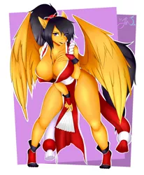 Size: 1344x1632 | Tagged: suggestive, artist:jaywolfred98, derpibooru import, oc, oc:quick bullet, unofficial characters only, anthro, pegasus, plantigrade anthro, anthro oc, big breasts, breasts, cleavage, clothes, cosplay, costume, fan, feet, female, hand on breast, image, king of fighters, kof, mai shiranui, missing cutie mark, ninja, png, ponytail, socks, solo, solo female, thighs, thunder thighs, wide hips, wings
