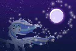 Size: 1772x1181 | Tagged: safe, artist:crystalbay, derpibooru import, oc, oc:crystal bay, unofficial characters only, pegasus, pony, beautiful, cover, cute, dark, female, light, mare, midnight, moon, moonlight, night, nightsky, pretty, radiant, singing, sky, soft, solo, song, sparkles