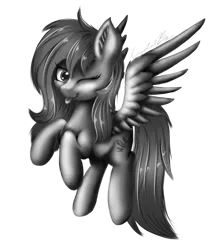Size: 1280x1459 | Tagged: safe, artist:crystalbay, derpibooru import, oc, oc:crystal bay, unofficial characters only, pegasus, cute, fluffy, flying, grayscale, light, lineless, monochrome, one eye closed, pose, practice, shiny, simple background, solo, tongue out, transparent background, wink
