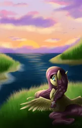 Size: 1500x2320 | Tagged: safe, artist:crystalbay, derpibooru import, fluttershy, bird, pegasus, pony, admiring, awe, beautiful, braid, braided, chest fluff, cloud, cute, fanart, female, flower, flower in hair, grass, island, lake, looking, looking at something, looking away, looking up, mare, ocean, outdoors, pretty, raised hoof, reflection, relaxed, scenery, seashore, shore, sitting, sky, solo, spread wings, spreading, sunset, water, wave, wings