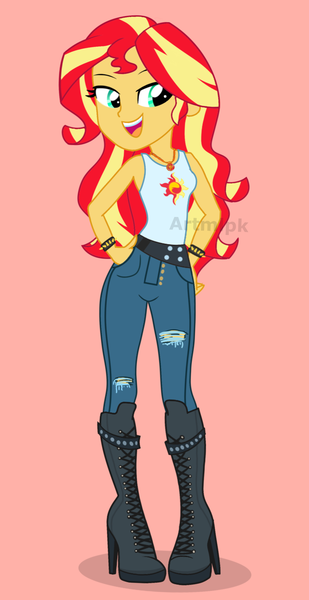 Size: 1800x3500 | Tagged: safe, artist:artmlpk, derpibooru import, sunset shimmer, equestria girls, adorable face, adorasexy, adorkable, beautiful, belt, boots, bracelet, clothes, cute, denim, digital art, dork, female, geode of empathy, hand on hip, high heel boots, high heels, jeans, lidded eyes, looking over shoulder, magical geodes, obtrusive watermark, open mouth, pants, ripped jeans, sexy, shimmerbetes, shoes, show accurate, sleeveless, smiley face, smiling, solo, spiked wristband, tanktop, watermark, wristband