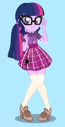 Size: 1800x3500 | Tagged: safe, artist:artmlpk, derpibooru import, sci-twi, twilight sparkle, equestria girls, adorable face, adorkable, alternate hairstyle, beautiful, boots, clothes, cute, digital art, dork, female, geode of telekinesis, glasses, high heel boots, high heels, kneesocks, looking at you, magical geodes, nerd, plaid skirt, pleated skirt, shoes, skirt, smiling, smiling at you, socks, solo, thigh highs, twiabetes, watermark