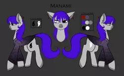 Size: 2583x1590 | Tagged: safe, artist:vaiola, derpibooru import, oc, oc:manami, unofficial characters only, earth pony, pony, clothes, cutie mark, ear piercing, earring, female, haori, heterochromia, jewelry, long mane, long tail, mare, piercing, reference sheet, simple background, solo