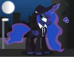 Size: 6234x4855 | Tagged: safe, artist:anime-equestria, derpibooru import, princess luna, alicorn, angry, city, clothes, detective, eyeshadow, female, gun, handgun, hat, horn, levitation, magic, makeup, moon, necktie, night, revolver, smoke, solo, street, suit, telekinesis, weapon, wings