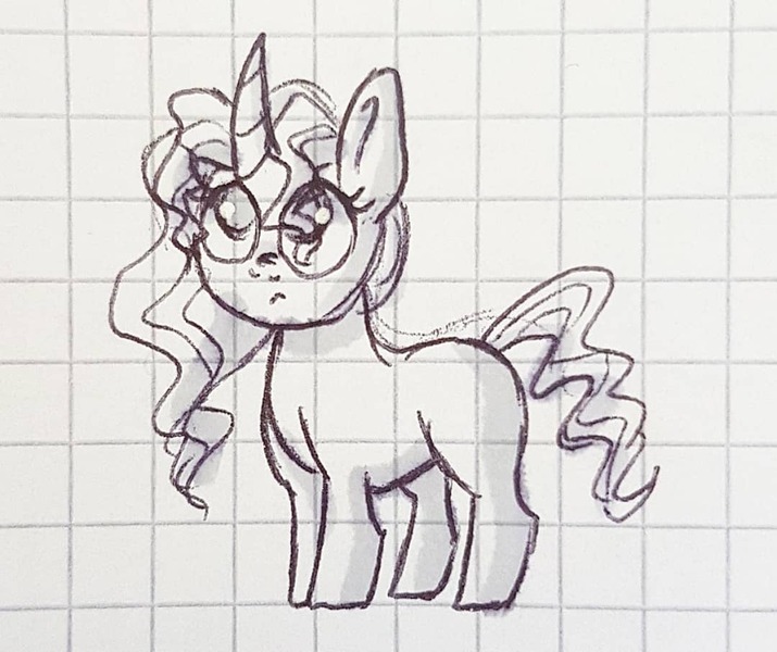 Size: 1080x906 | Tagged: safe, artist:galaxy.in.mind, derpibooru import, oc, oc:crystal dawn, unofficial characters only, changepony, hybrid, pony, unicorn, eyelashes, female, filly, frown, graph paper, horn, lineart, looking up, magical lesbian spawn, offspring, parent:princess celestia, parent:queen chrysalis, parents:chryslestia, solo, text, traditional art, unicorn oc
