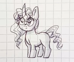 Size: 1080x906 | Tagged: safe, artist:galaxy.in.mind, derpibooru import, oc, oc:crystal dawn, unofficial characters only, changepony, hybrid, pony, unicorn, eyelashes, female, filly, frown, graph paper, horn, lineart, looking up, magical lesbian spawn, offspring, parent:princess celestia, parent:queen chrysalis, parents:chryslestia, solo, text, traditional art, unicorn oc