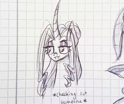 Size: 1080x906 | Tagged: safe, artist:galaxy.in.mind, derpibooru import, oc, oc:crystal dawn, unofficial characters only, changepony, hybrid, pony, unicorn, bust, curved horn, eyelashes, female, graph paper, horn, lineart, magical lesbian spawn, makeup, mare, offspring, parent:princess celestia, parent:queen chrysalis, parents:chryslestia, solo, text, traditional art, unicorn oc