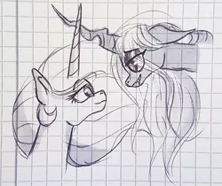 Size: 1080x906 | Tagged: safe, artist:galaxy.in.mind, derpibooru import, princess celestia, queen chrysalis, alicorn, changeling, changeling queen, pony, bedroom eyes, bust, chryslestia, female, graph paper, lesbian, makeup, mare, shipping, traditional art