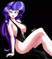 Size: 4127x4652 | Tagged: suggestive, artist:danmakuman, derpibooru import, rarity, human, absolute cleavage, absurd resolution, anime, beautiful, beautisexy, black background, black dress, breasts, busty rarity, cleavage, clothes, dress, ear piercing, earring, female, humanized, jewelry, legs, little black dress, open mouth, piercing, side slit, simple background, solo, solo female, stupid sexy rarity, thighs, total sideslit