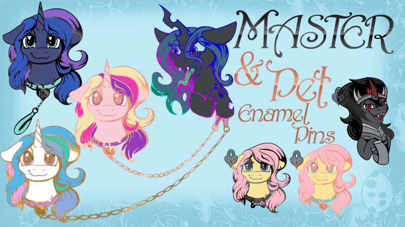 Size: 1200x675 | Tagged: safe, artist:banoodle, derpibooru import, king sombra, princess cadance, princess celestia, princess luna, queen chrysalis, alicorn, changeling, changeling queen, pegasus, pony, unicorn, alternate timeline, animated, bust, collar, female, femdom, femsub, gif, heart eyes, hoof hold, hoof shoes, leash, lipstick, male, mare, master, night maid rarity, nightmare takeover timeline, pin, raised hoof, smiling, stallion, submissive, tongue out, wingding eyes