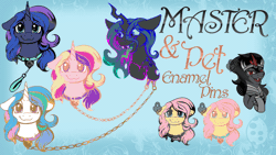 Size: 1200x675 | Tagged: safe, artist:banoodle, derpibooru import, king sombra, princess cadance, princess celestia, princess luna, queen chrysalis, alicorn, changeling, changeling queen, pegasus, pony, unicorn, alternate timeline, animated, bust, collar, female, femdom, femsub, gif, heart eyes, hoof hold, hoof shoes, leash, lipstick, male, mare, master, night maid rarity, nightmare takeover timeline, pin, raised hoof, smiling, stallion, submissive, tongue out, wingding eyes