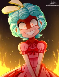 Size: 1220x1600 | Tagged: safe, artist:the-butch-x, derpibooru import, cozy glow, equestria girls, adorabolical, adoracreepy, clothes, creepy, cute, dress, edgy, equestria girls-ified, evil, evil grin, eyes on the prize, female, fire, glowing eyes, grin, looking at you, nightmare fuel, pure concentrated unfiltered evil of the utmost potency, pure unfiltered evil, run, signature, slasher smile, smiling, solo, some mares just want to watch the world burn