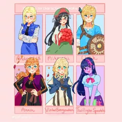 Size: 1080x1080 | Tagged: safe, artist:b_forpotato, derpibooru import, twilight sparkle, human, six fanarts, equestria girls, :d, android 18, anna, blushing, book, clothes, crossover, cutie mark, cutie mark on clothes, dragon ball z, female, frozen (movie), hakumei and mikochi, hand on hip, hat, headband, link, male, shield, skirt, smiling, the legend of zelda, the legend of zelda: breath of the wild, violet evergarden