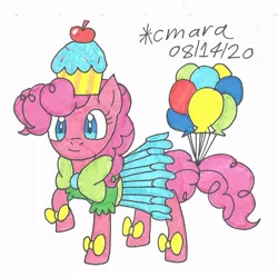 Size: 959x954 | Tagged: safe, artist:cmara, derpibooru import, pinkie pie, earth pony, pony, balloon, clothes, dress, female, gala dress, hat, mare, raised hoof, shirt, simple background, skirt, solo, traditional art, white background