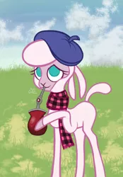 Size: 2044x2936 | Tagged: argentina, artist:branewashpv, beret, clothes, community related, cute, derpibooru import, drinking, female, grass, hat, mate, meme, pom lamb, ponified meme, safe, scarf, sheep, solo, straw, them's fightin' herds, yerba mate