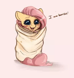 Size: 3081x3225 | Tagged: safe, artist:miokomata, derpibooru import, fluttershy, pegasus, pony, blanket burrito, blushing, burrito, cute, daaaaaaaaaaaw, dialogue, ear fluff, female, food, freckles, freckleshy, high res, looking at you, mare, miokomata is trying to murder us, misleading thumbnail, open mouth, pink background, shyabetes, simple background, smiling, solo, talking to viewer, weapons-grade cute