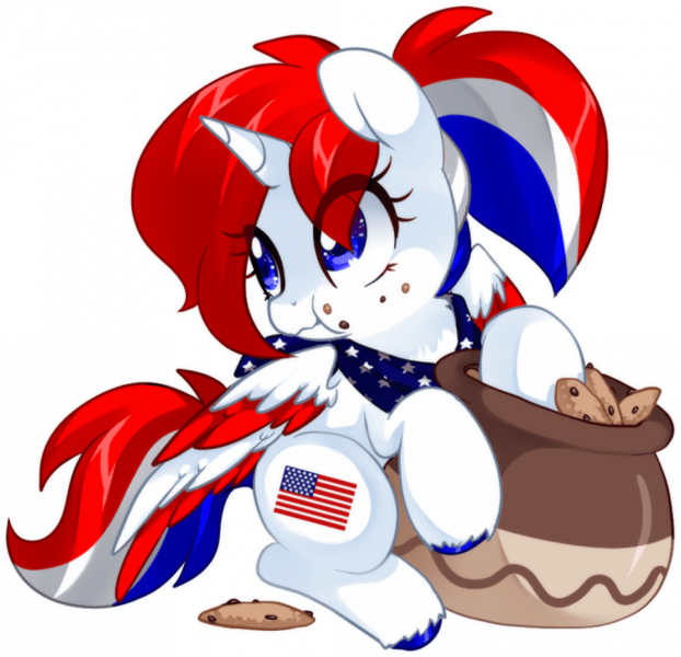 Size: 700x675 | Tagged: safe, artist:loyaldis, derpibooru import, oc, oc:liberty belle, unofficial characters only, pony, american flag, commission, cookie, cookie jar, crumbs, eating, female, food, mare, simple background, solo, transparent background, your character here