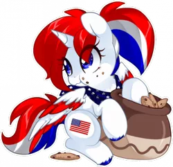 Size: 700x675 | Tagged: safe, artist:loyaldis, derpibooru import, oc, oc:liberty belle, unofficial characters only, pony, american flag, commission, cookie, cookie jar, crumbs, eating, female, food, mare, simple background, solo, transparent background, your character here