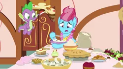 Size: 1920x1080 | Tagged: safe, derpibooru import, screencap, cup cake, spike, dragon, pony, the big mac question, apple, batter, cupcake, female, flour, food, mare, pie, winged spike