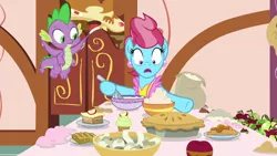 Size: 1920x1080 | Tagged: safe, derpibooru import, screencap, cup cake, spike, dragon, pony, the big mac question, batter, female, flour, food, mare, pie, winged spike