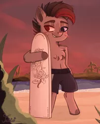 Size: 1280x1575 | Tagged: safe, artist:starfello, derpibooru import, oc, unofficial characters only, earth pony, pony, beach, bipedal, chest fluff, clothes, earth pony oc, heterochromia, male, outdoors, shorts, smiling, solo, stallion, surfboard