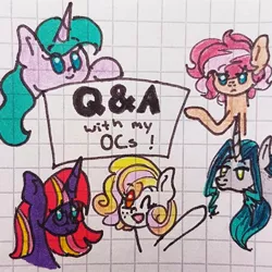 Size: 1080x1080 | Tagged: safe, artist:galaxy.in.mind, derpibooru import, oc, oc:angela, oc:cora, oc:crystal dawn, oc:honey glaze, oc:velvet spark, unofficial characters only, pony, bust, female, freckles, frown, glasses, graph paper, magical lesbian spawn, mare, offspring, one eye closed, parent:applejack, parent:rarity, parent:tempest shadow, parent:twilight sparkle, parents:rarijack, parents:tempestlight, traditional art, waving, wink