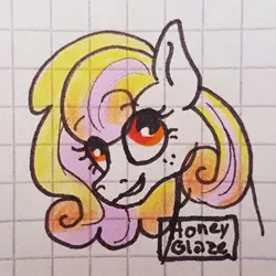 Size: 1080x1080 | Tagged: safe, artist:galaxy.in.mind, derpibooru import, oc, oc:honey glaze, unofficial characters only, earth pony, pony, bust, earth pony oc, eyelashes, female, freckles, graph paper, grin, magical lesbian spawn, mare, offspring, parent:applejack, parent:rarity, parents:rarijack, smiling, traditional art