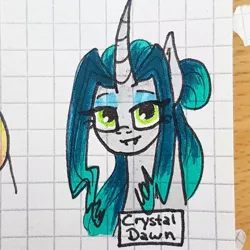 Size: 1080x1080 | Tagged: safe, artist:galaxy.in.mind, derpibooru import, oc, oc:crystal dawn, unofficial characters only, changepony, hybrid, pony, unicorn, bust, eyelashes, female, graph paper, horn, magical lesbian spawn, makeup, mare, offspring, parent:princess celestia, parent:queen chrysalis, parents:chryslestia, traditional art, unicorn oc
