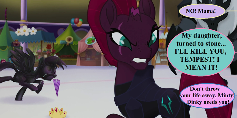 Size: 1500x750 | Tagged: safe, derpibooru import, edit, edited screencap, screencap, derpy hooves, tempest shadow, pony, my little pony: the movie, balloon, booth, broken horn, canterlot, cropped, crown, death threat, derpy's sacrifice, dialogue, female, hat, horn, implied amethyst star, implied dinky, implied minty, jewelry, mama bear, mare, offscreen character, party hat, petrification, rage, regalia, scar, speech bubble, storm guard, threat