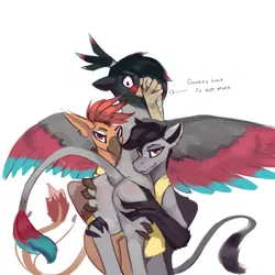 Size: 1500x1500 | Tagged: suggestive, artist:nsilverdraws, derpibooru import, oc, oc:caiya, oc:mythos vanguard, oc:raaz, dracony, dragon, gryphon, hybrid, pony, ass up, bandage, blushing, butt, butt grab, butt touch, clothes, covering mouth, ender's herd, female, flank inspection, grope, hand on butt, male, plot, raised tail, spread wings, tail, text, vest, wings