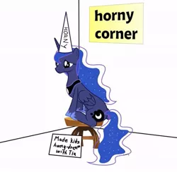 Size: 737x720 | Tagged: artist needed, source needed, suggestive, derpibooru import, princess luna, alicorn, pony, corner, dunce hat, female, hat, horny corner, mare, pony shaming, punishment, sad, shaming, simple background, sitting, stool, time out, time out corner, white background