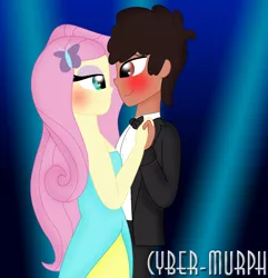 Size: 1432x1488 | Tagged: safe, artist:cyber-murph, derpibooru import, fluttershy, oc, human, equestria girls, bowtie, canon x oc, clothes, commission, cute, dancing, dress, fall formal outfits, hat, signature, tuxedo