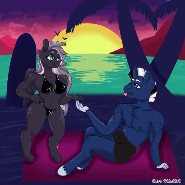 Size: 2048x2048 | Tagged: safe, artist:yunasatochan, derpibooru import, oc, oc:shabaco, oc:stacy flower, unofficial characters only, anthro, pegasus, unicorn, beach, bikini, clothes, commission, partial nudity, swimsuit, tongue out, topless, water