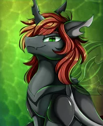 Size: 1446x1764 | Tagged: safe, artist:pridark, derpibooru import, oc, oc:wildcard mask, changeling, earth pony, hybrid, pony, bust, commission, green changeling, male, portrait, smiling, solo