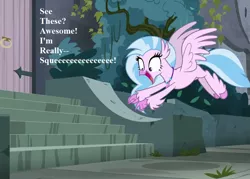 Size: 945x675 | Tagged: safe, derpibooru import, edit, edited screencap, editor:korora, screencap, silverstream, school daze, castle of the royal pony sisters, cropped, cute, diastreamies, female, irrational exuberance, jewelry, necklace, smiling, speech, squee, stairs, talking, that hippogriff sure does love stairs