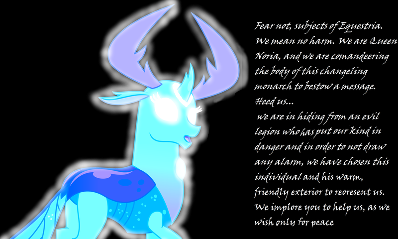 Size: 1478x887 | Tagged: safe, artist:mellow91, artist:sketchmcreations, derpibooru import, edit, thorax, oc, oc:queen noria, changedling, changeling, triple threat, black background, dialogue, eyelashes, female, female on male, glowing eyes, king thorax, male, male possessed by female, open mouth, possessed, queen thoria, raised hoof, royal we, rule 63, simple background, solo, straight, text, white eyes