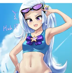 Size: 553x558 | Tagged: alternate version, anime, armpits, artist:chigusa, assisted exposure, belly button, bikini, breasts, clothes, cropped, derpibooru import, dialogue, female, hand on hip, human, humanized, midriff, open mouth, partial nudity, sarong, skirt pulled down, solo, suggestive, sunglasses, surprised, swimsuit, trixie