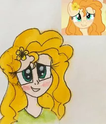 Size: 540x632 | Tagged: safe, artist:lunaart, derpibooru import, screencap, pear butter, earth pony, human, pony, the perfect pear, blushing, buttercup, cute, female, flower, flower in hair, humanized, mare, pearabetes, scene interpretation, screencap reference, solo, traditional art