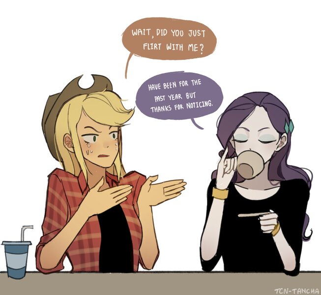 Size: 1502x1380 | Tagged: safe, artist:tcn1205, derpibooru import, applejack, rarity, equestria girls, applejack's hat, cowboy hat, drink, drinking, eyes closed, female, flannel, food, freckles, hat, lesbian, oblivious, rarijack, shipping, soda, tea