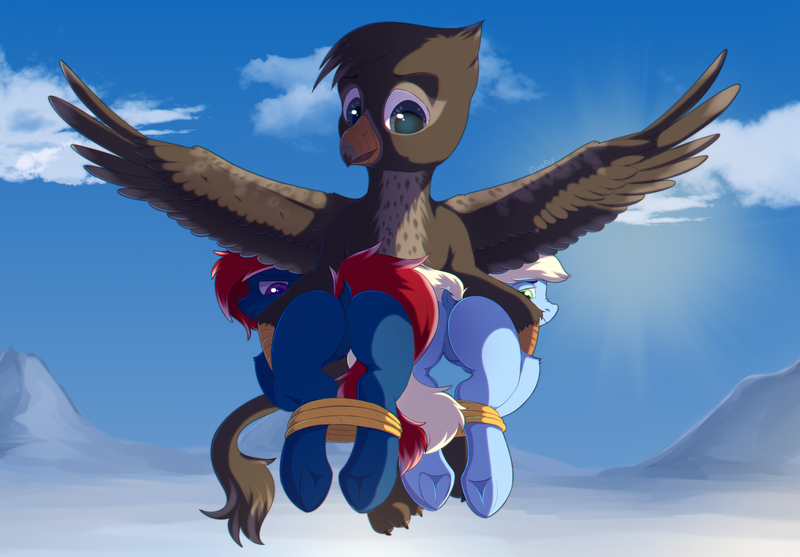 Size: 4165x2900 | Tagged: safe, alternate version, artist:dinoalpaka, derpibooru import, oc, oc:snap roll, oc:tailwind, unofficial characters only, gryphon, pegasus, pony, fallout equestria, fallout equestria: frozen skies, bad end, bondage, butt, captured, carrying, dock, fanfic art, featureless crotch, female, frog (hoof), griffon oc, looking back, male, mare, plot, rcf community, rope, snow, tied up, underhoof, wings
