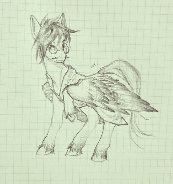 Size: 1781x1899 | Tagged: safe, artist:阿毛, derpibooru import, oc, oc:dr.picsell dois, unofficial characters only, pegasus, pony, clothes, facial hair, glasses, graph paper, lab coat, male, moustache, sketch, solo, stallion, traditional art, unshorn fetlocks