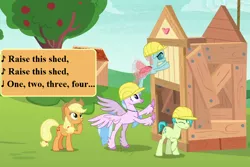 Size: 1080x720 | Tagged: safe, derpibooru import, edit, edited screencap, screencap, applejack, ocellus, sandbar, silverstream, changeling, earth pony, hippogriff, pony, apple family reunion, non-compete clause, apple, apple tree, applejack's hat, construction, cowboy hat, cropped, cute, diaocelles, diastreamies, eyes closed, female, food, hard hat, hat, hoof on chin, jackabetes, lyrics, mare, raise this barn, raised hoof, sandabetes, shed, song reference, sweet apple acres, text, tree