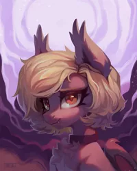 Size: 1984x2480 | Tagged: safe, artist:share dast, derpibooru import, oc, oc:dusk glider, unofficial characters only, bat pony, pony, bat pony oc, bat wings, collar, cute, female, looking at you, solo, wings