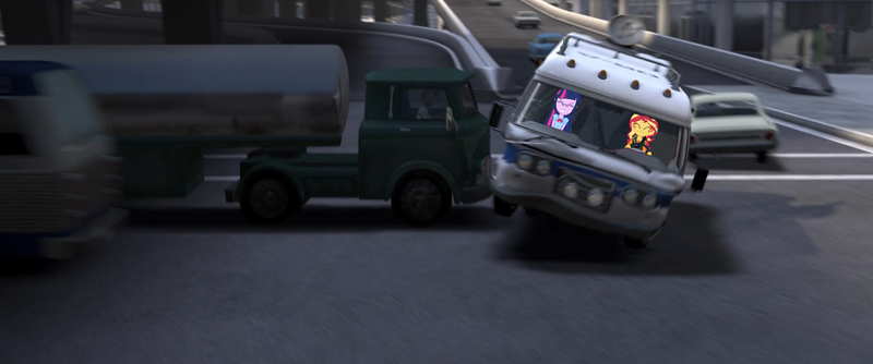 Size: 1920x802 | Tagged: safe, derpibooru import, edit, edited screencap, screencap, sunset shimmer, twilight sparkle, equestria girls, equestria girls series, driving, eyes closed, female, near miss, oil tanker, rv, tanker, the incredibles, truck