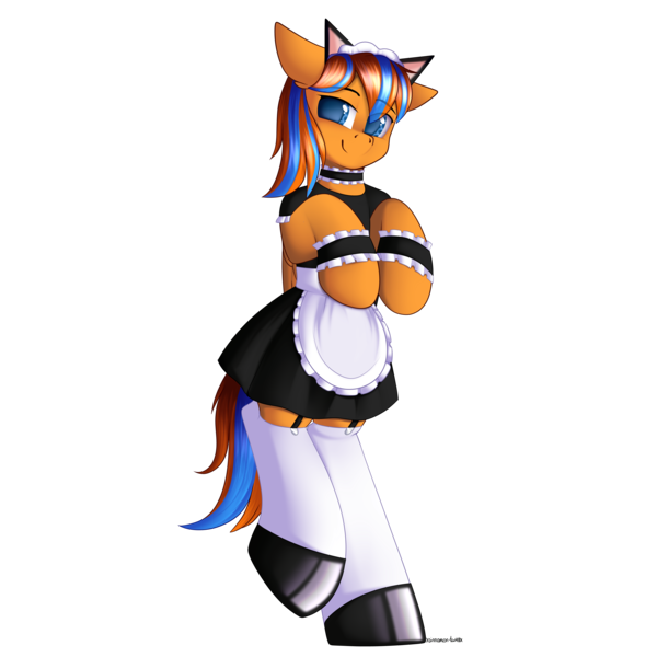 Size: 3000x3000 | Tagged: safe, artist:xcinnamon-twistx, derpibooru import, oc, oc:cold front, unofficial characters only, pegasus, apron, clothes, commission, crossdressing, dress, eyebrows visible through hair, looking at you, maid, maid headdress, male, pegasus oc, shoes, simple background, socks, solo, stockings, thigh highs, transparent background, wings