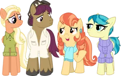 Size: 1280x805 | Tagged: safe, artist:cloudyglow, derpibooru import, aunt holiday, auntie lofty, mane allgood, snap shutter, earth pony, pegasus, pony, the last crusade, .ai available, clothes, female, male, mare, open mouth, raised hoof, simple background, stallion, transparent background, vector