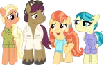 Size: 1280x805 | Tagged: safe, artist:cloudyglow, derpibooru import, aunt holiday, auntie lofty, mane allgood, snap shutter, earth pony, pegasus, pony, the last crusade, .ai available, clothes, female, male, mare, open mouth, raised hoof, simple background, stallion, transparent background, vector