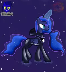 Size: 3840x4154 | Tagged: safe, artist:damlanil, derpibooru import, princess luna, alicorn, pony, alternate hairstyle, bodysuit, catsuit, clothes, crown, dream, ethereal mane, female, galaxy mane, glowing horn, horn, jewelry, latex, latex suit, magic, mare, nebula, necklace, planetary nebula, ponytail, regalia, rubber, shiny, show accurate, solo, space, stars, vector, wings